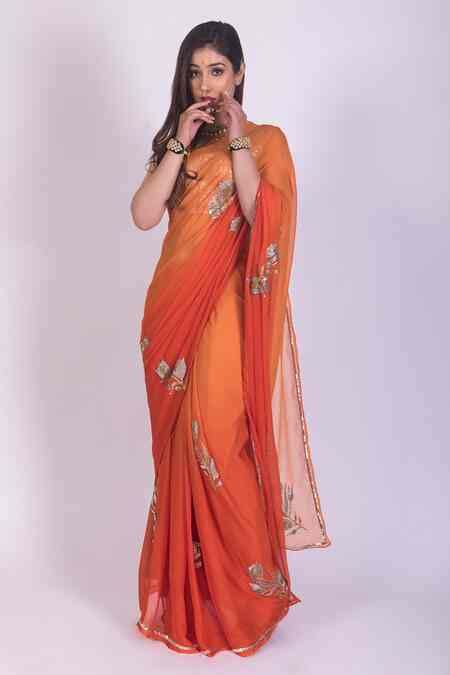 Buy Orange Crepe, Chiffon Ombre Saree With Blouse For Women by Ruar ...