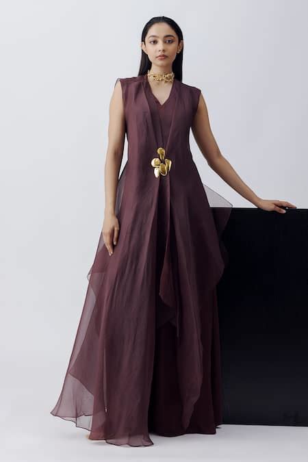Buy Burgundy Organza V Neck Scarlet Jumpsuit With Overlay For Women by ...