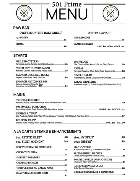 Example Sample Menu — 501 PRIME