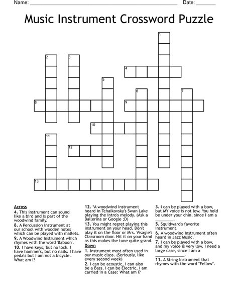 Musical Instrument Crossword Puzzle