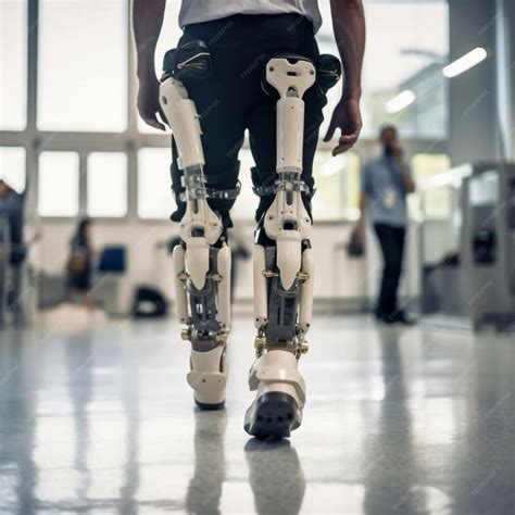 Legs of man in the robotic exoskeleton walking through the corridor of ...