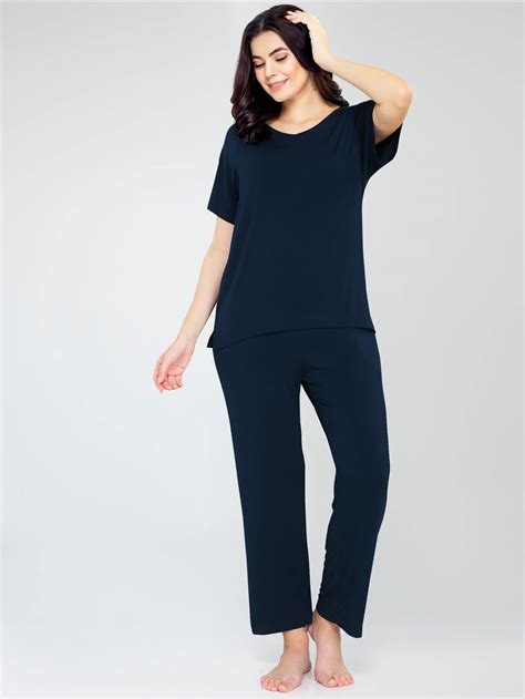ZEYO Women's Viscose Navy Blue Solid Plain Night Suit Set of Top & Pyj