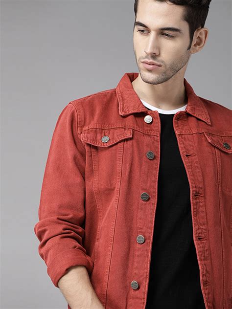 Men Orange Solid Denim Jacket