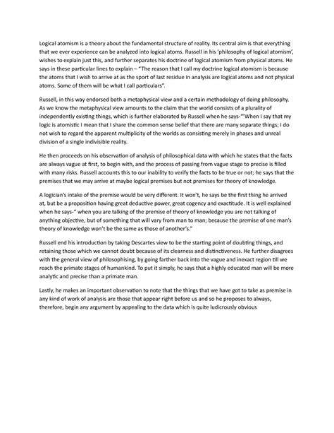 Logical atomism by wittgenstein published 2020 - Logical atomism is a ...