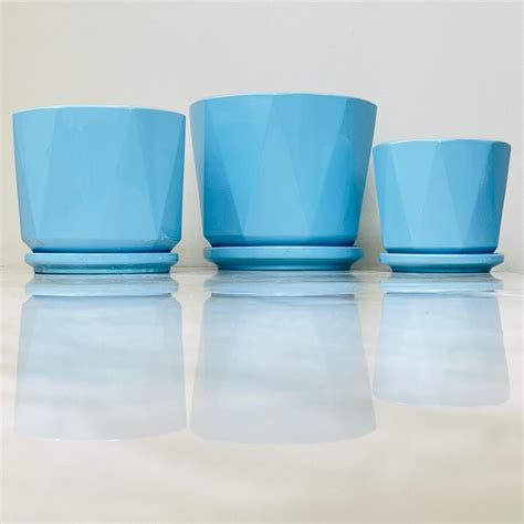 Blue Geometric Ceramic Planter Set Of 3 with Saucers – ChhajedGarden.com