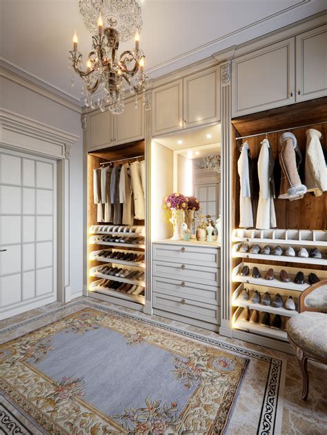 White walk-in closet and wardrobe with LED lighting, shoe racks, and ...