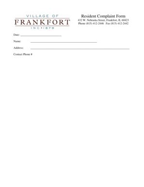 Fillable Online Resident Complaint Form - Village of Frankfort Fax ...