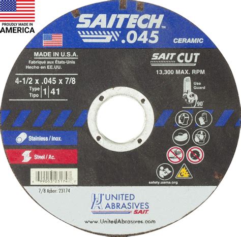 SAIT 23174 Type 1 Cutting Wheel, 4-1/2 x .045 x 7/8, Saitech, 50-Pack ...