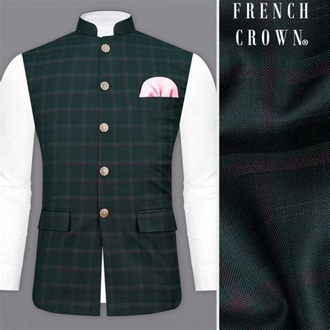Timber Green Checks-Plaid Premium Terry-Rayon Wedding Nehru Jackets For ...