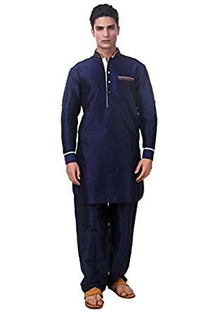 Buy Adorro Embroidery Pathani Suit for Men - Classic Blue, Silk Full ...