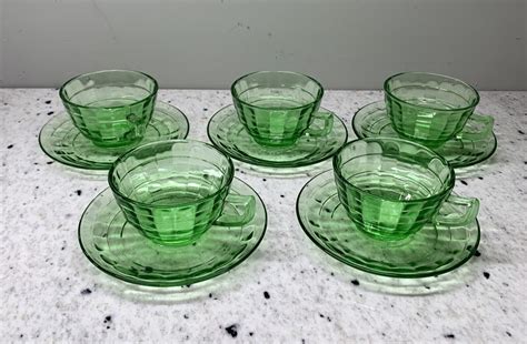 Uranium Glass 5pc Cups and Saucer set depression vaseline glass Block ...