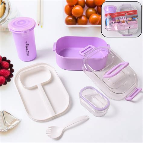 Plastic Lunch Box With Small Box, Bottle & Sponn for Kids Lunch Box (4