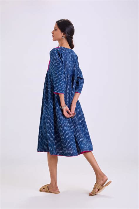 Rangsutra Chaaya Indigo Block Printed Dress With Kimono Sleeves ...