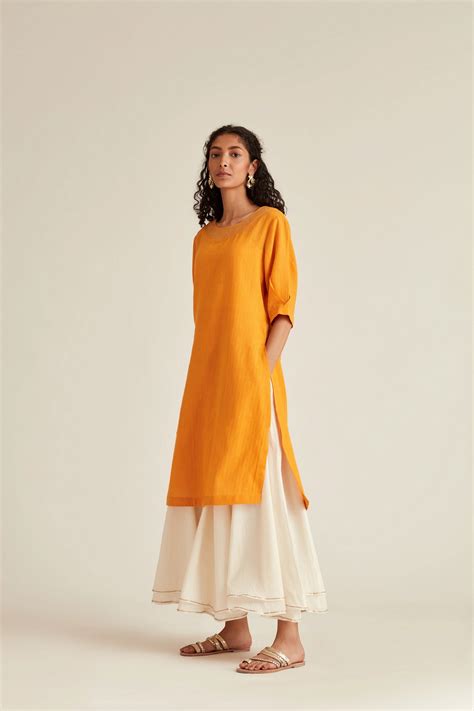 Buy Marigold Embroidered Cotton Kurta | Ladies Kurta Online : Ancestry