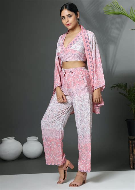 Get Printed Polysilk V-Neck Top, Kimono And Trouser Hk_Set11 at ₹ 3400 ...