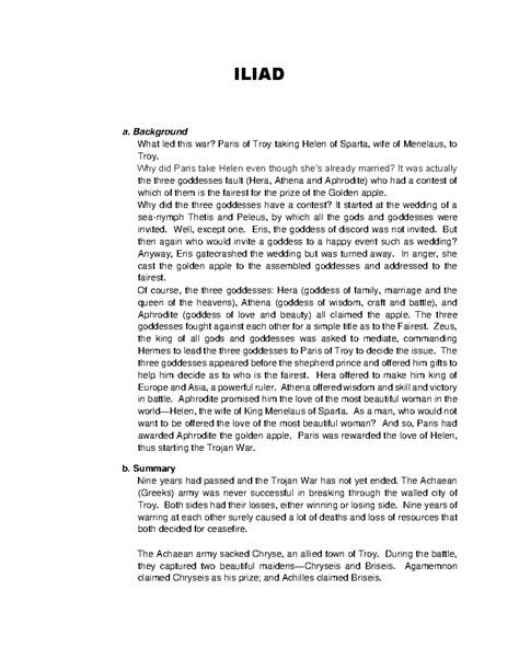 Iliad Summary - ILIAD a. Background What led this war? Paris of Troy ...