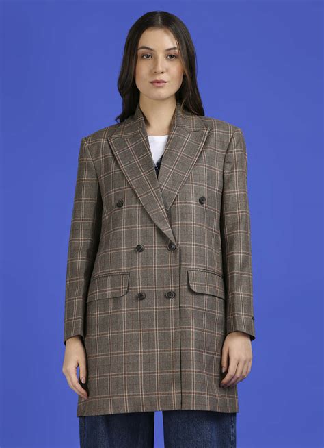 Brown Check Full Sleeve Long Jacket | Pepe Jeans India