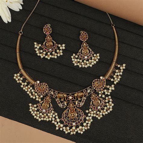 Temple Design Brass Faux Pearls Embellished Gold Plated Hasli Jeweller ...