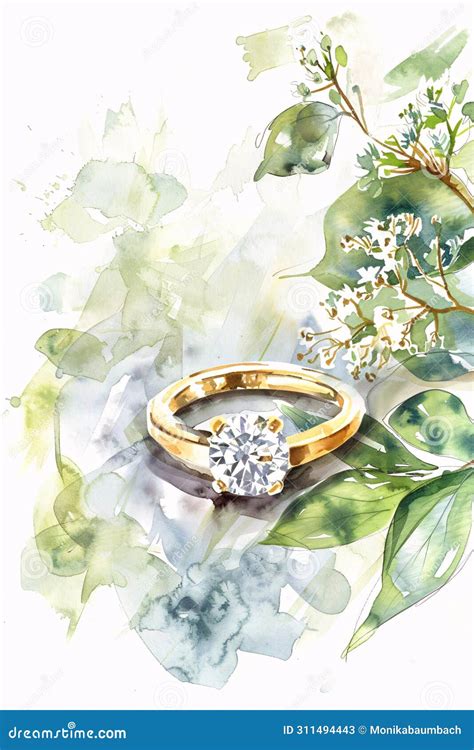 Watercolor Style Illustration of Wedding Ring with Diamond Stock ...