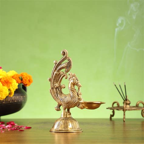 Buy Peacock Brass Oil Lamps | Open Feather Design | Height 8 inches ...