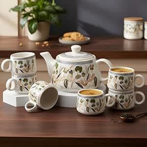 Buy CRAF10 Handcrafted Ceramic Botanic Gold Teapot Cup Set - 1 Kettle ...