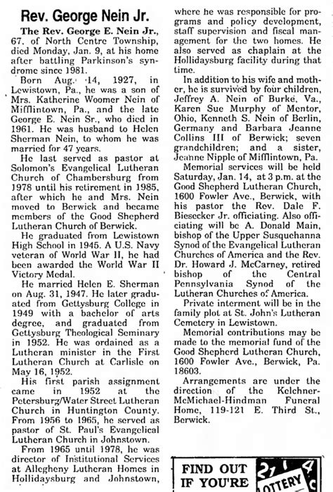 Obituary for Rev. George E. Nein, Jr., The Gettysburg Times, Gettysburg ...