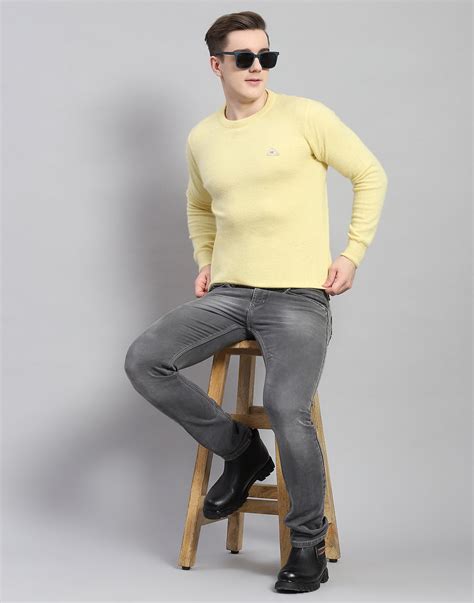Buy Men Yellow Solid Round Neck Full Sleeve Pullover Online in India ...