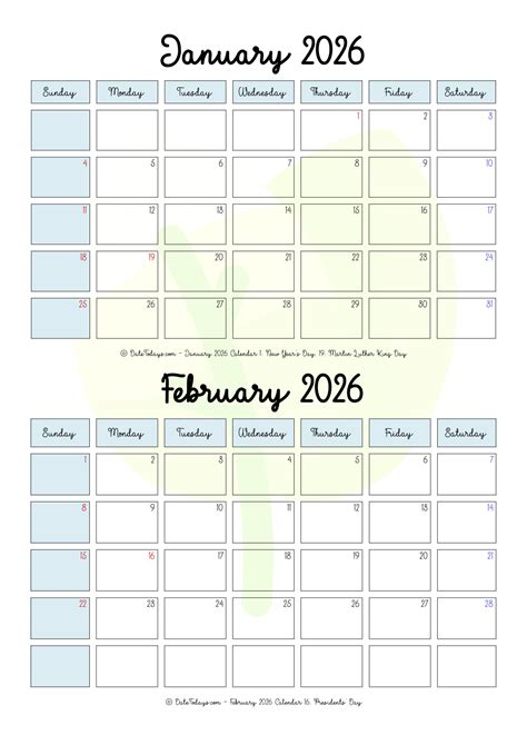 January February 2026 Calendar Printable PDF - 2 Month Calendar