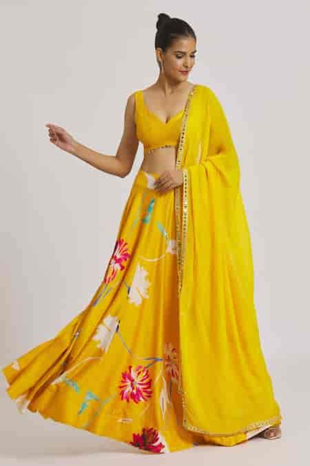 Buy Yellow Chanderi, Linen, Organza Embroidery V-neck Floral Print ...