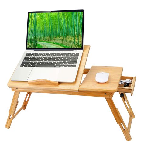 Buy Bamboo Laptop Desk, Moclever Foldable Breakfast Tray with Drawer ...