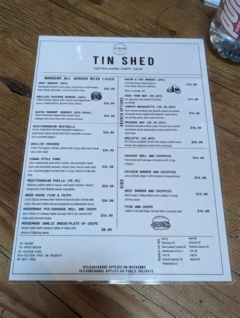 Menu at The Lithgow Tin Shed cafe, Lithgow, 69 Bridge St