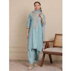 Green Thread Embroidered Chanderi Silk Suit- Set of 3