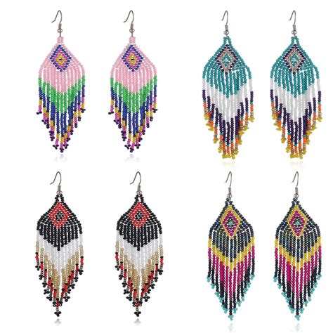 Buy 4 Pairs Bohemian Long Tassel Statement Beaded Drop Earring Colorful ...