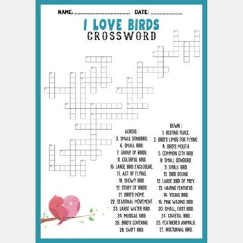 NATIONAL BIRD DAY crossword puzzle worksheet activity, I LOVE BIRDS THEMED