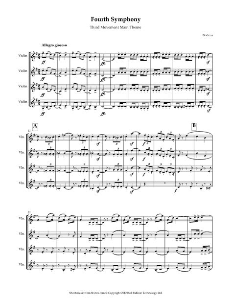 Brahms - 4th Symphony 3rd Mvt Main Theme Sheet music for Violin Quartet ...