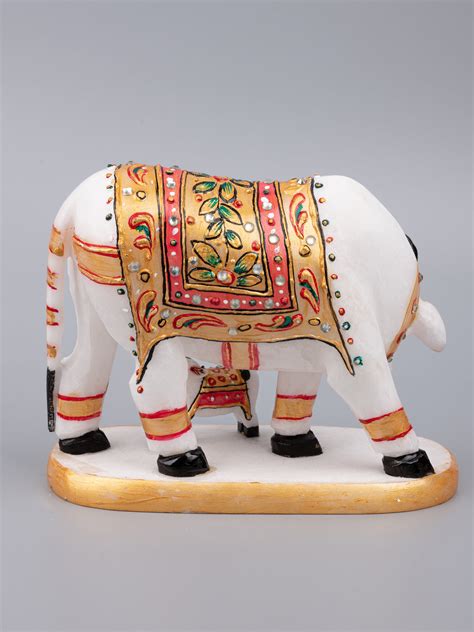 Meenakari Kamdhenu Cow with Calf | Marble Sculpture