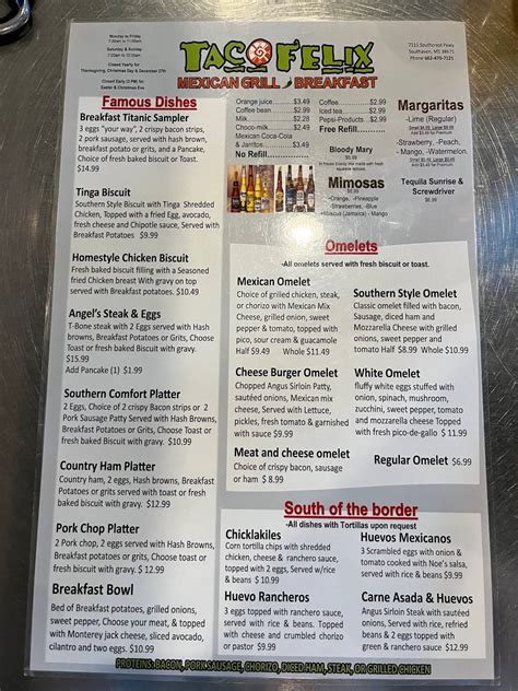 Menu at TACO FELIX 2 restaurant, Southaven