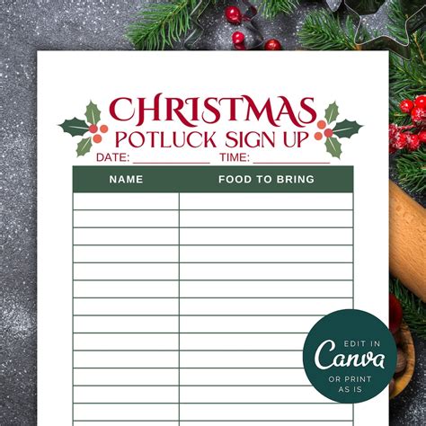 Christmas Potluck Sign up Sheet Template, Printable Holiday Potluck Signup Sheet Canva, Holiday ...