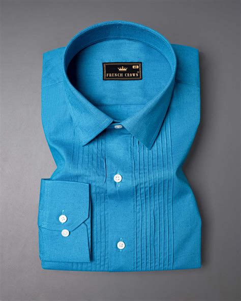 Cerulean Blue with Pin Tucks Formal/Casual Textured Premium Linen Shirt ...
