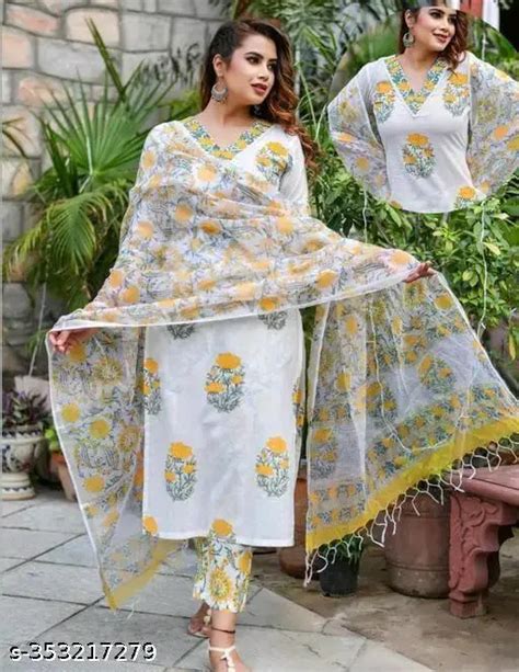 Women Block Printed Kurta and pant set with Dupatta,,Women kurta set ...