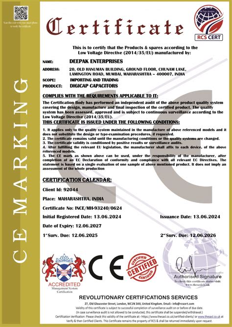 Certificates - Digicap Capacitors from Mumbai Maharashtra India