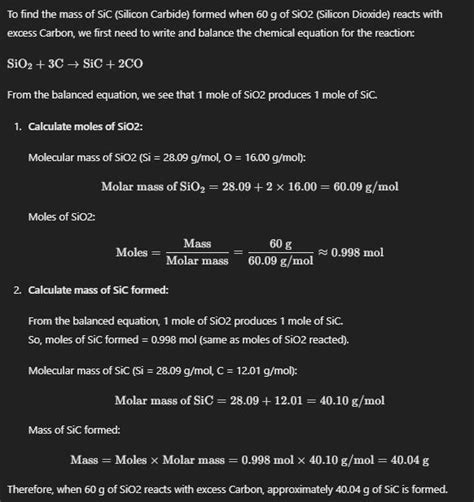 the mass of SiC formed when 60g of SiO2 is reacted with excess of ...