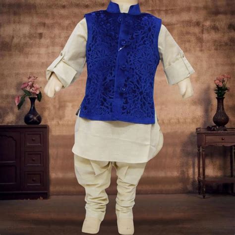 Gorgeous Off White Traditional Kurta Pyjama with Blue Waist Coat for Kids