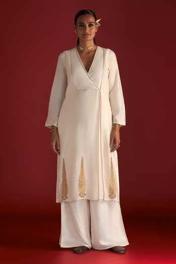 Buy Ivory Raw Silk Embroidered Paan Patti V Neck Work Kurta And Culotte ...