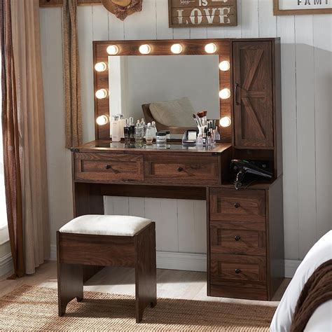 T4TREAM Farmhouse Makeup Vanity Table Set and Stool with 10 LED Lights ...