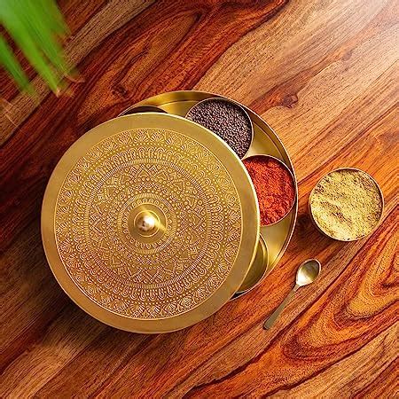 K GOLDEN BRASS Handcrafted Brass Spice Box Set For Kitchen With Spoon ...