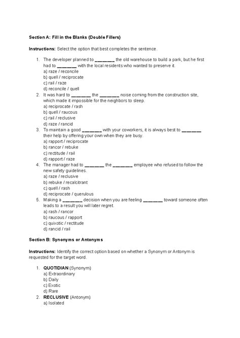 ENG 101: Section A - Fill in the Blanks & Contextual Usage Exercises ...
