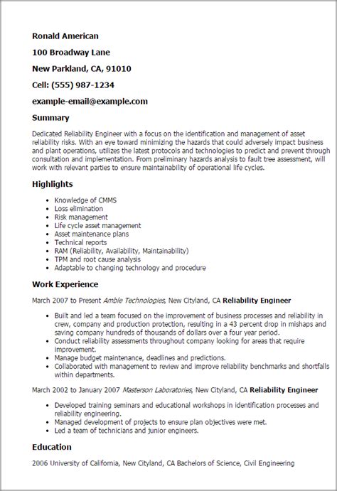 Image result for Reliability Engineer Resume Examples