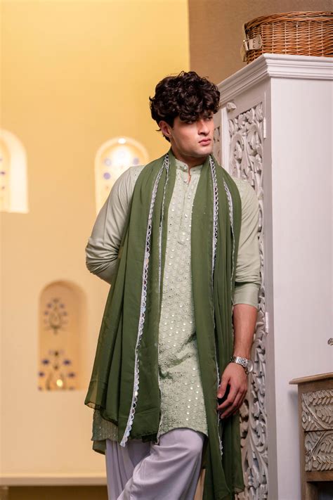 Pastel Green Chikankari Mirror Work Cotton Kurta for Men | Firangi Yarn