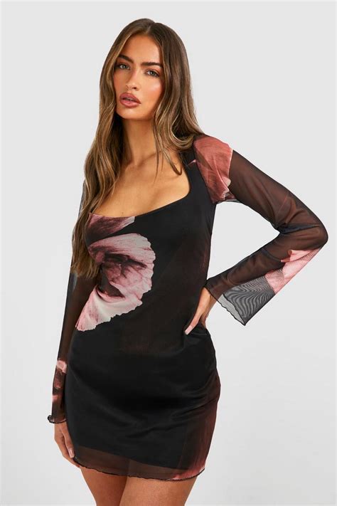 Floral Mesh Flare Sleeve Mini Dress | boohoo USA